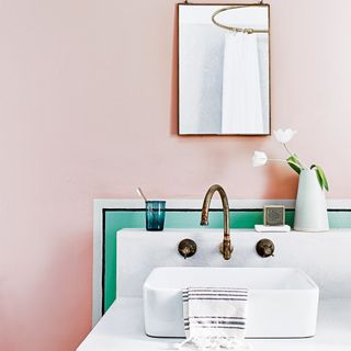 bathroom with pink wall and mirror and wash basin