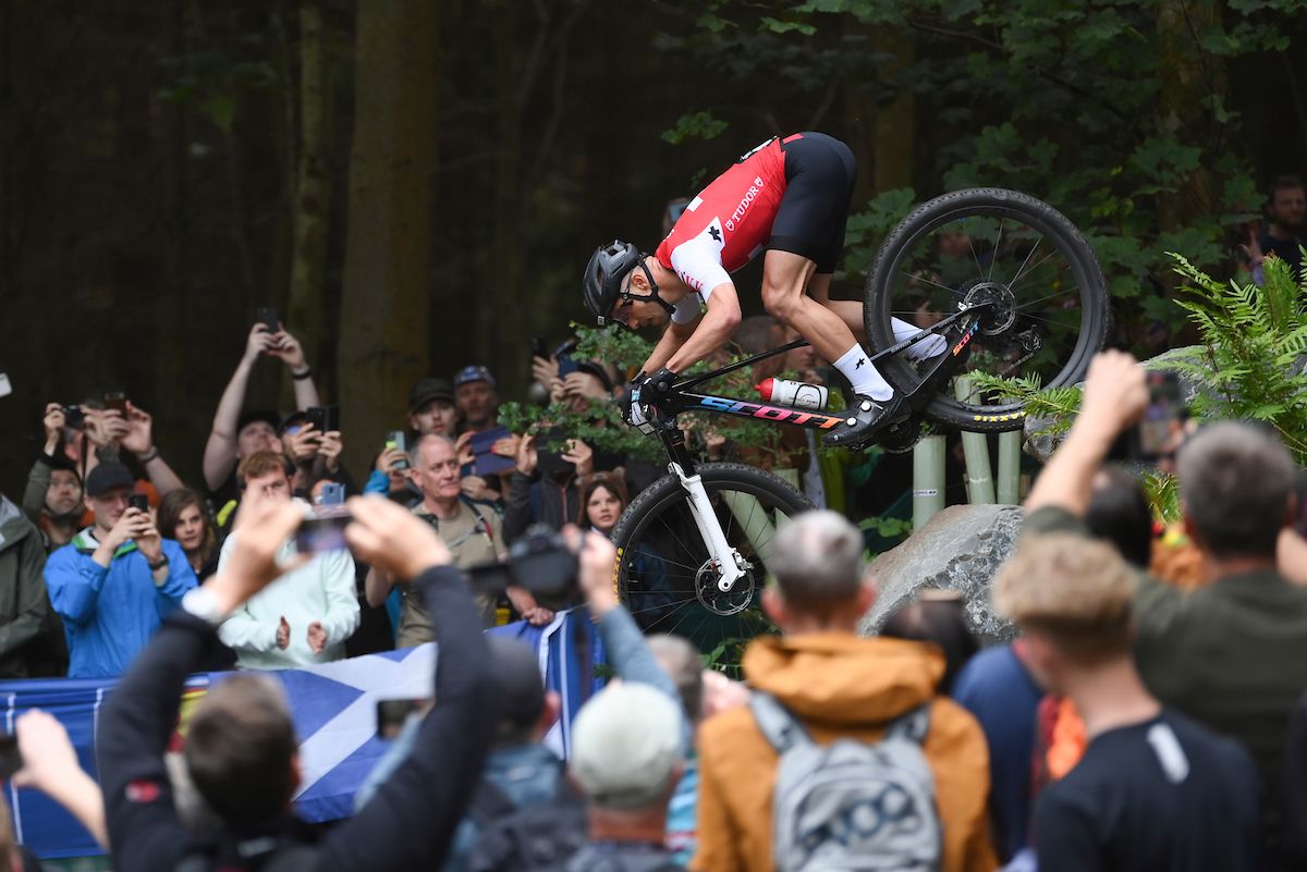 Nino Schurter (Switzerland) racing UCI mountain bike world championships at Glentress Forest