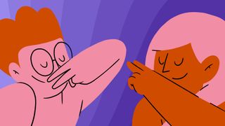 bright and fun animation of someone holding their nose and someone else pointing at them