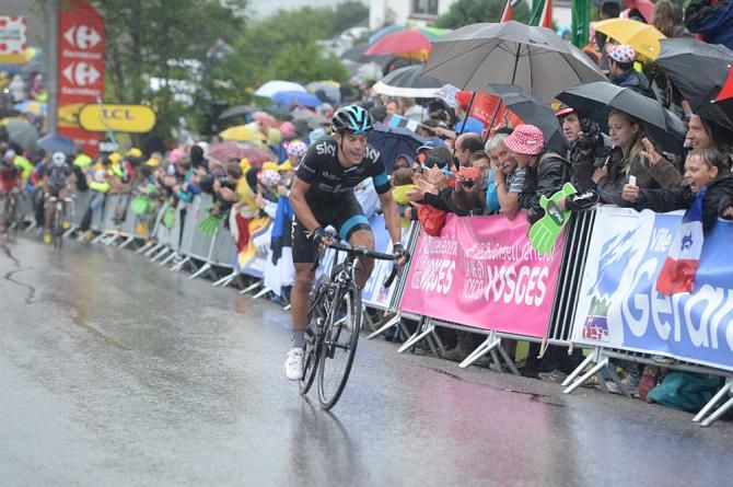 Richie Porte (Team Sky) finishes a wet stage 8