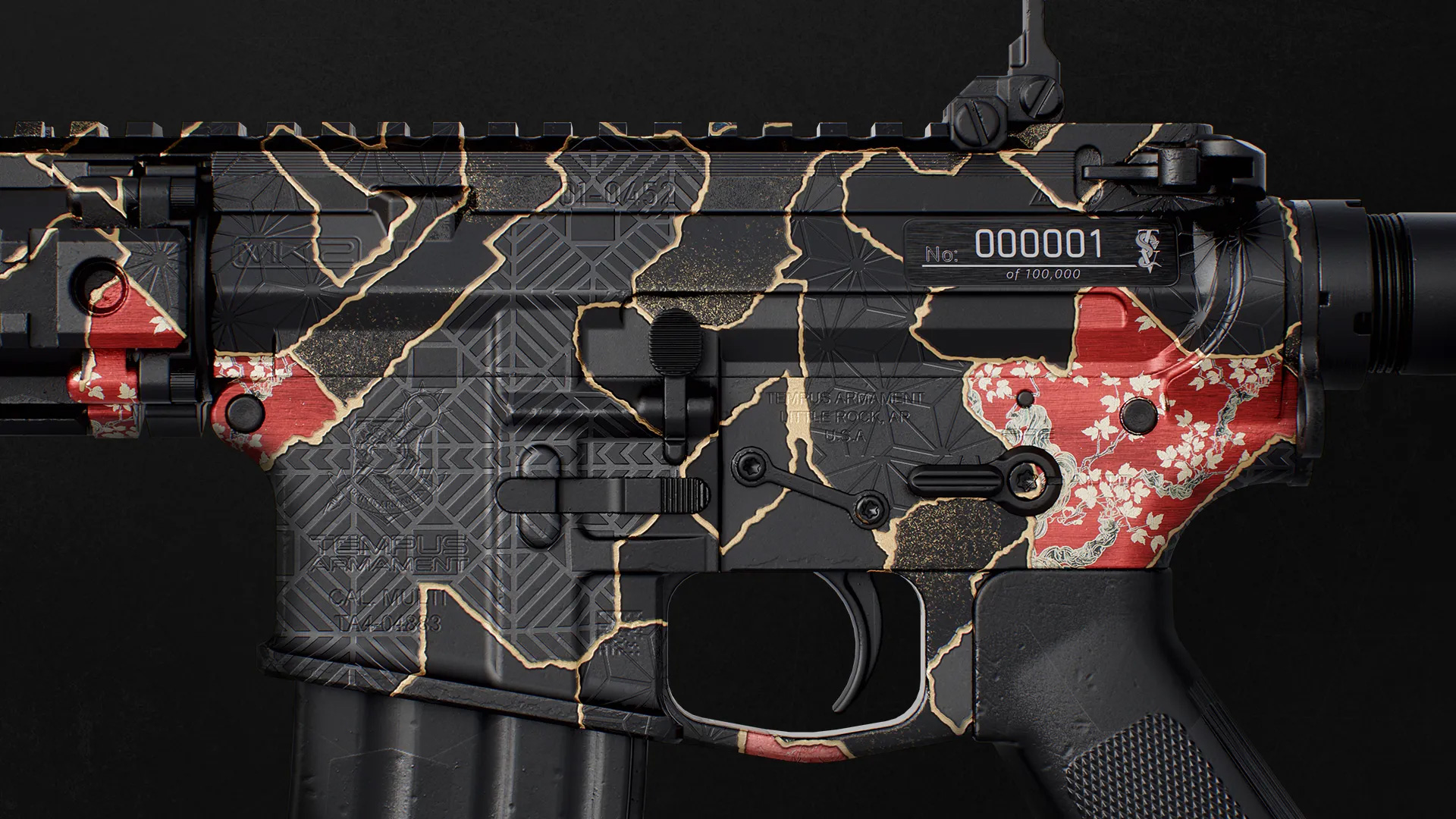 Close up detail of the Call of Duty Serialized Gilded Ruin Camo showing the 000001 serial number