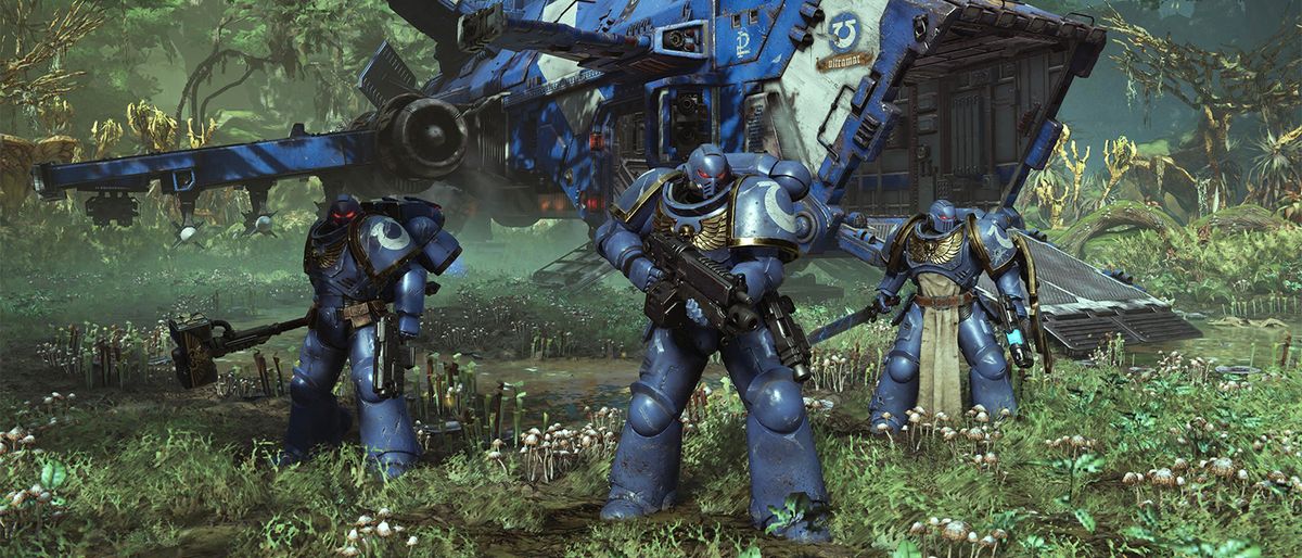 Warhammer 40,000 Space Marine 2 review; soldiers in power armour stand in front of a spaceship