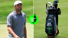 Scottie Scheffler walks the fairway, with a close up of his golf bag