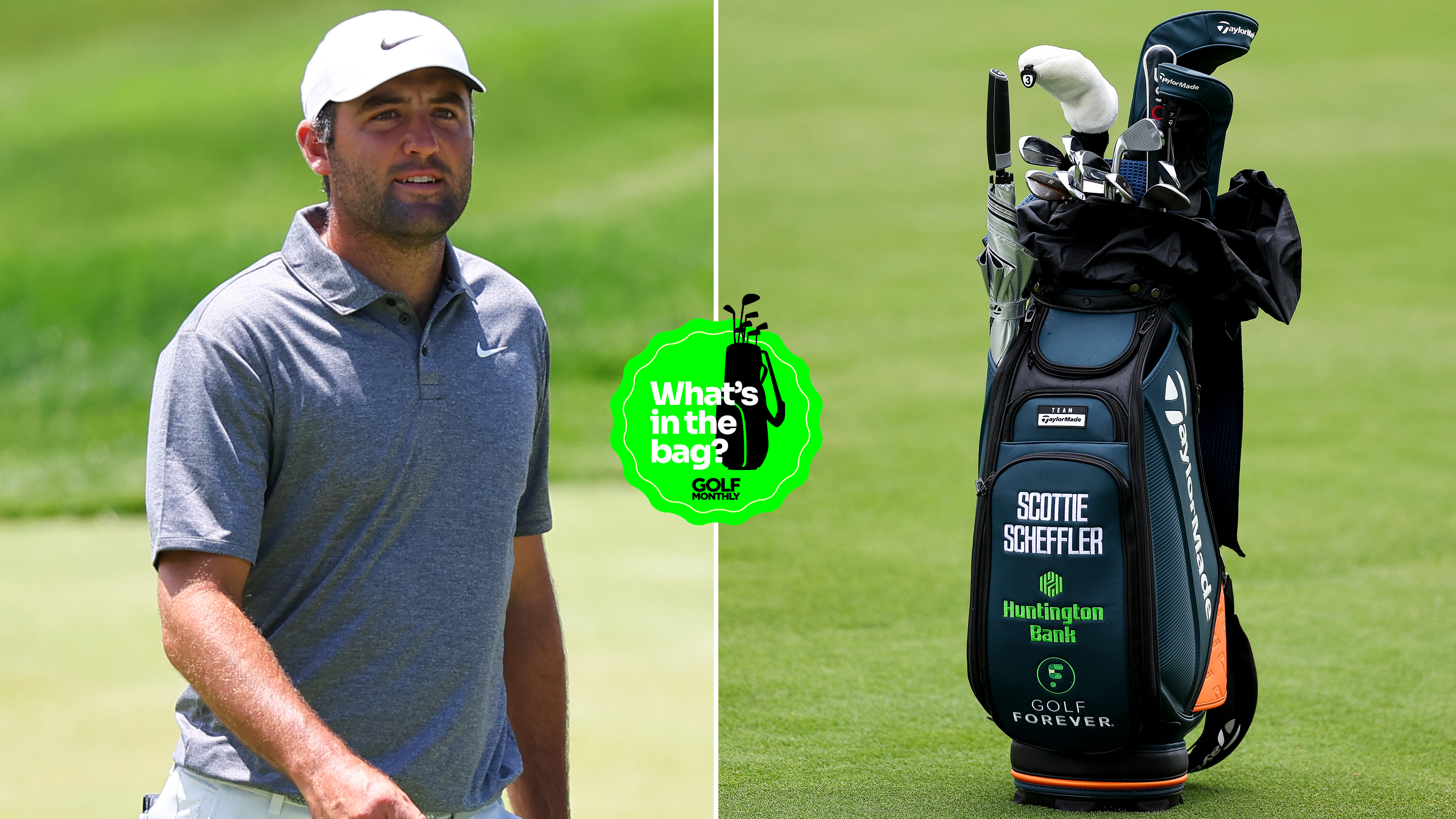 Scottie Scheffler walks the fairway, with a close up of his golf bag