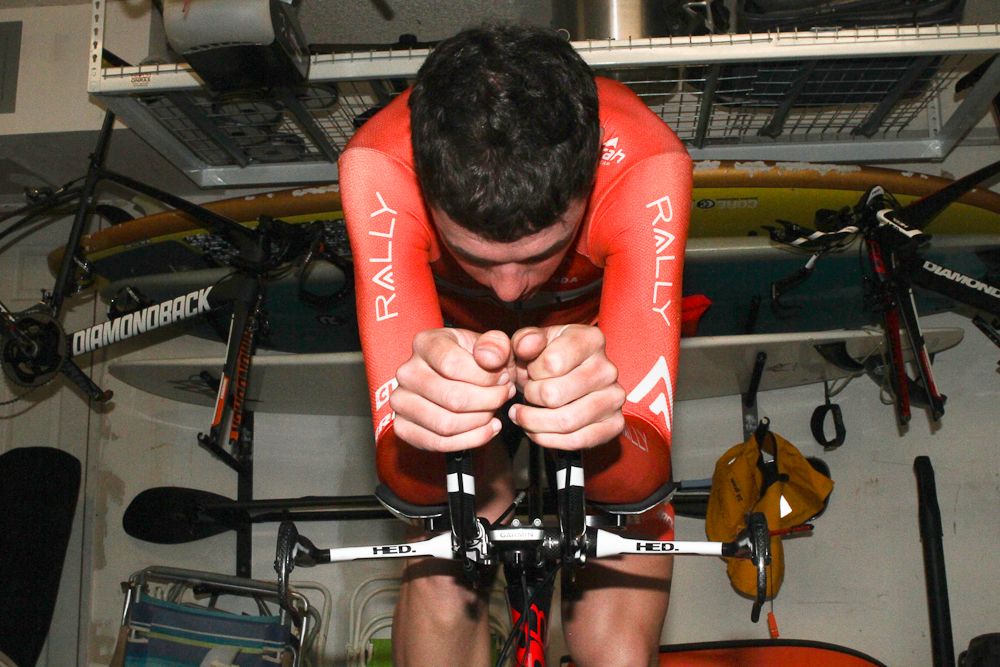 Matteo Dal-Cin on the trainer during Rally Cycling team camp in January