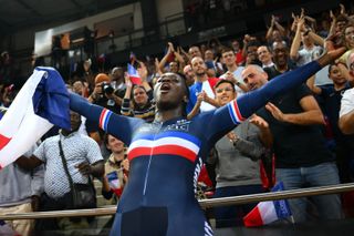 Taky Marie-Divine Kouamé celebrates after winning 500m time trial at track world championships 2022