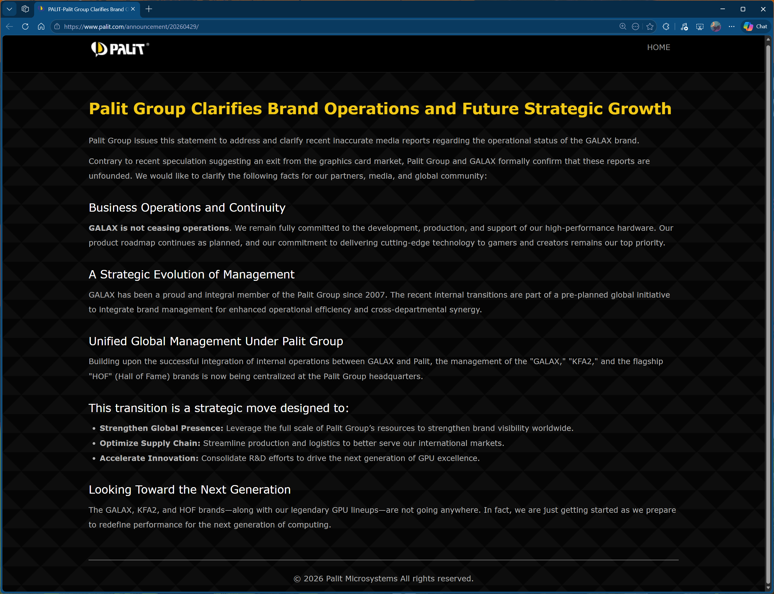 Palit's statement on Galax operations