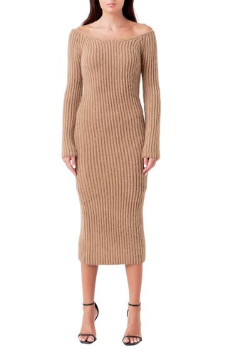 Long Sleeve Off the Shoulder Rib Midi Sweater Dress