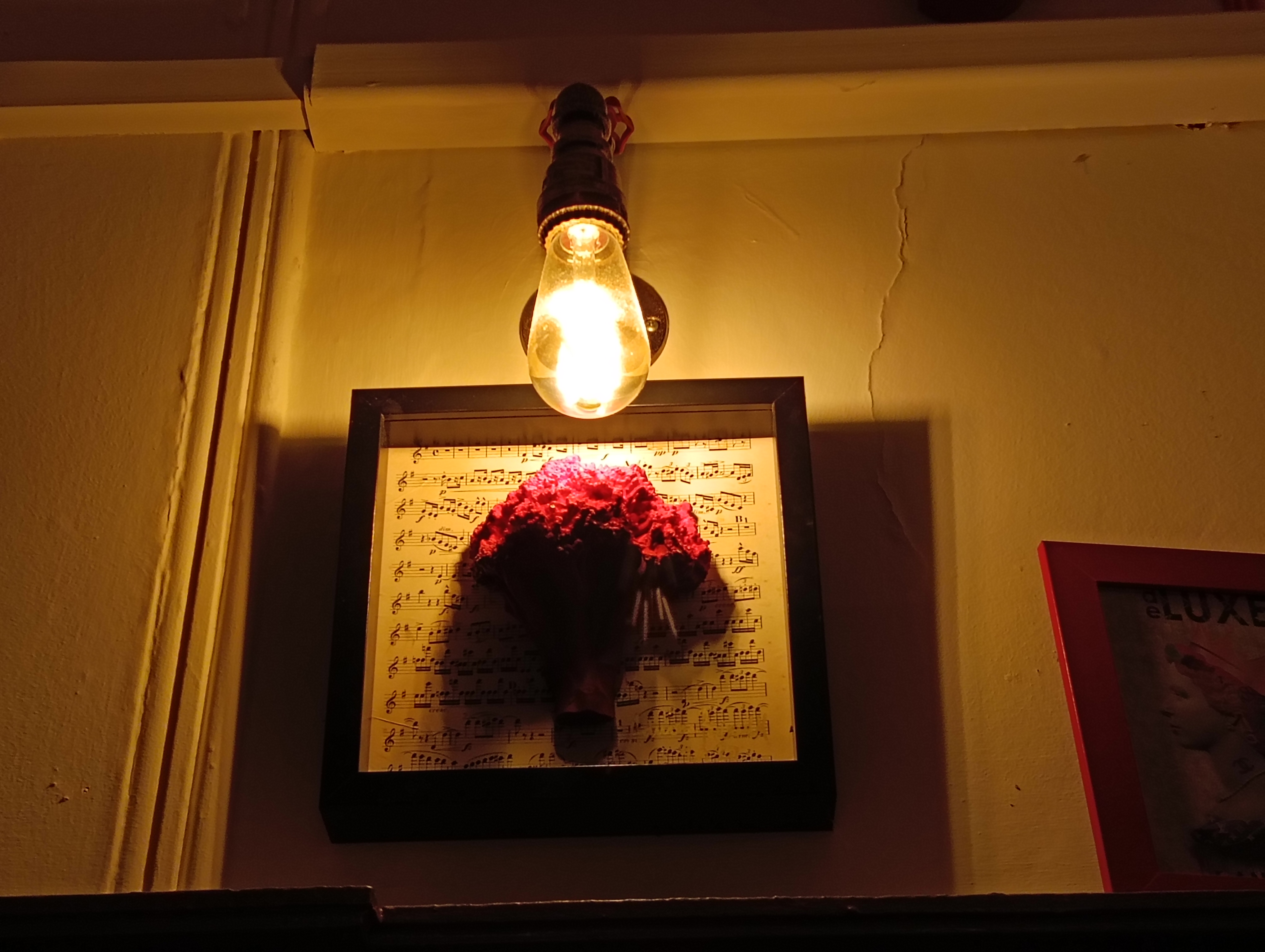 A warm lightbulb over hanging a bouquet mounted on sheet music on an indoor wall