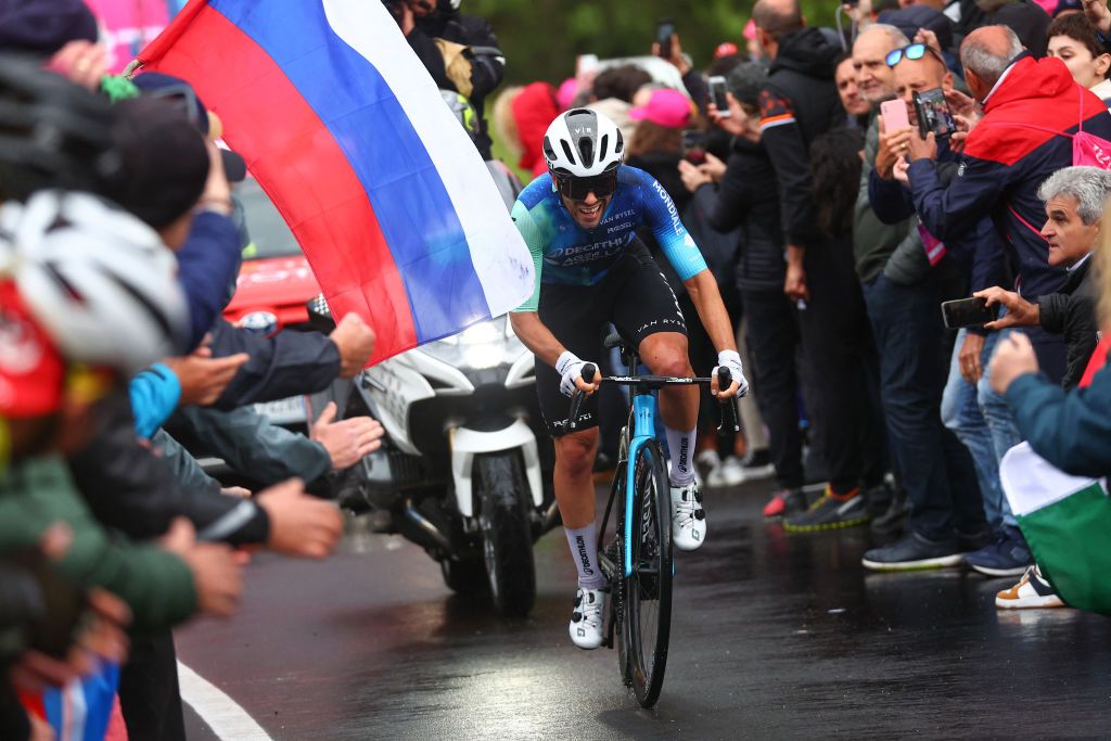 Team Decathlon AG2R's Italian rider Andrea Vendrame competes in the 19th stage of the 107th Giro d'Italia cycling race, 157km between Mortegliano and Sappada on May 24, 2024. (Photo by Luca Bettini / AFP)