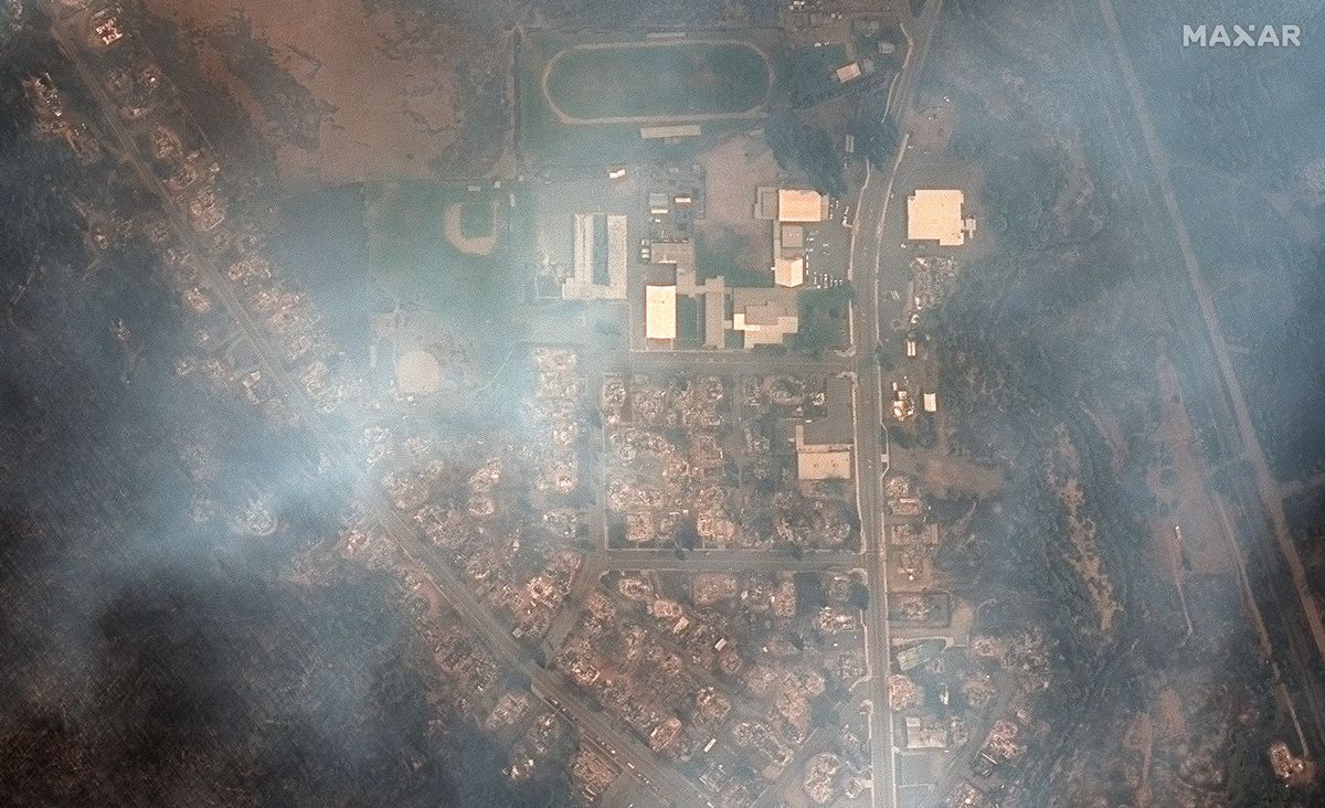 The Dixie Fire almost completely destroyed Greenville, Calif., as shown in this Aug. 9, 2021 image from Maxar&#039;s Worldview-1 satellite.