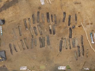 An aerial view of the excavation shows how the graves at Great Ryburgh, Norfolk, were arranged in rows in an east-west alignment, a mark of Christian cemeteries.