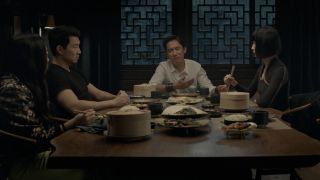 Shang-Chi, Katy, Wenwu and Xialing have dinner in Shang-Chi and the Legend of the Ten Rings