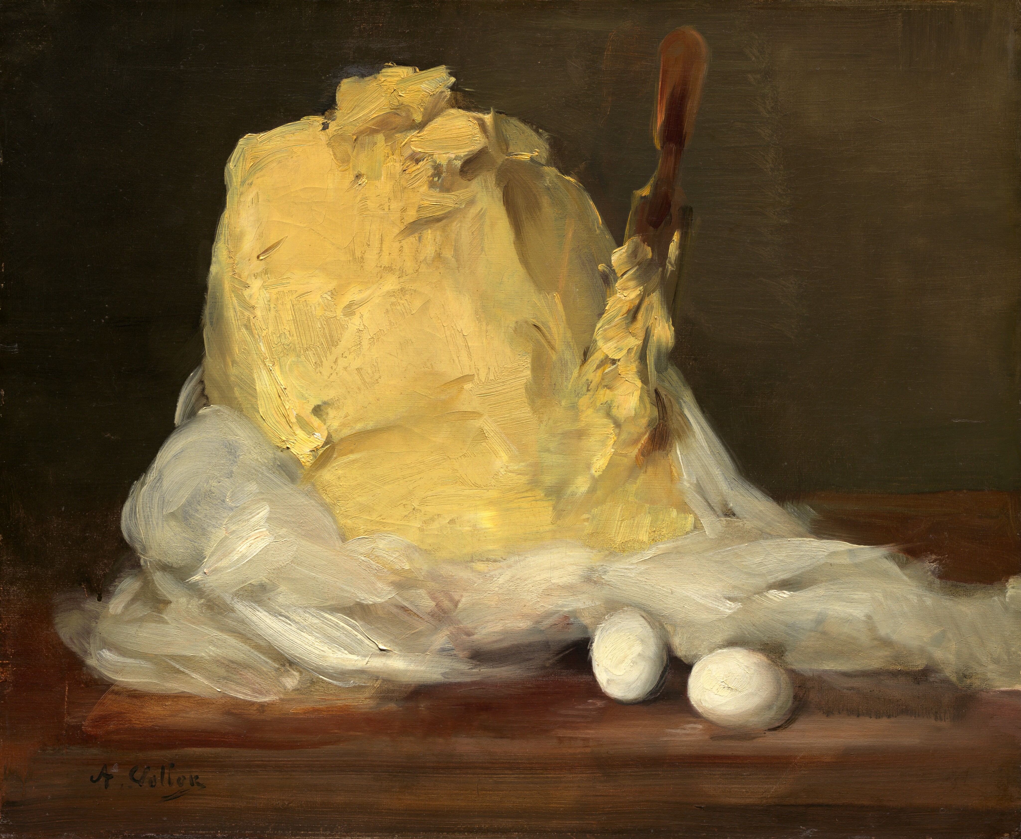A very realistic still life painting of a mount of butter on a wooden table.