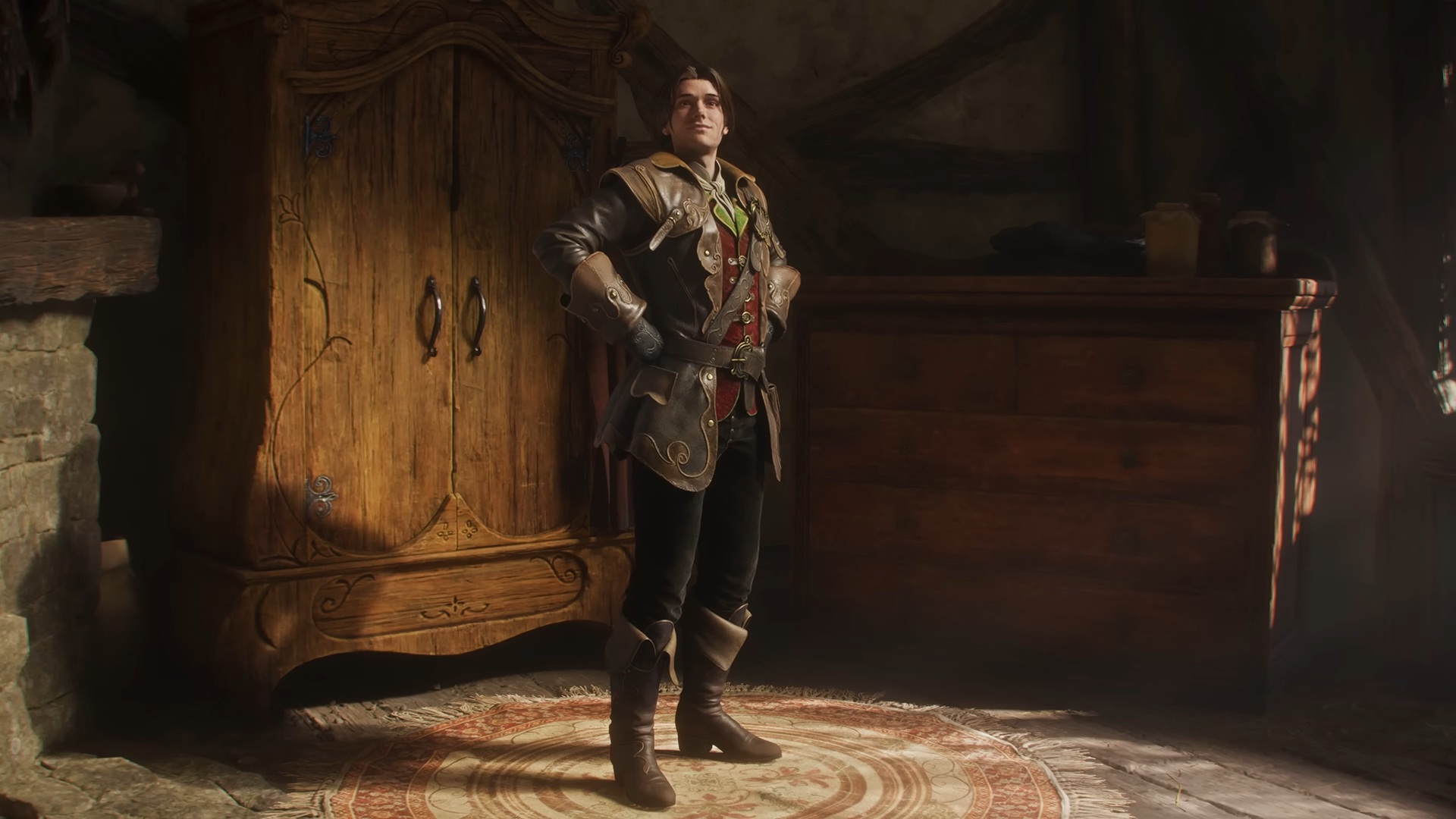 Fable screenshot showing a character standing proudly before a wardrobe as the player customizes their outfit 
