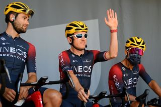 Geraint Thomas waves to the Tour de France crowd