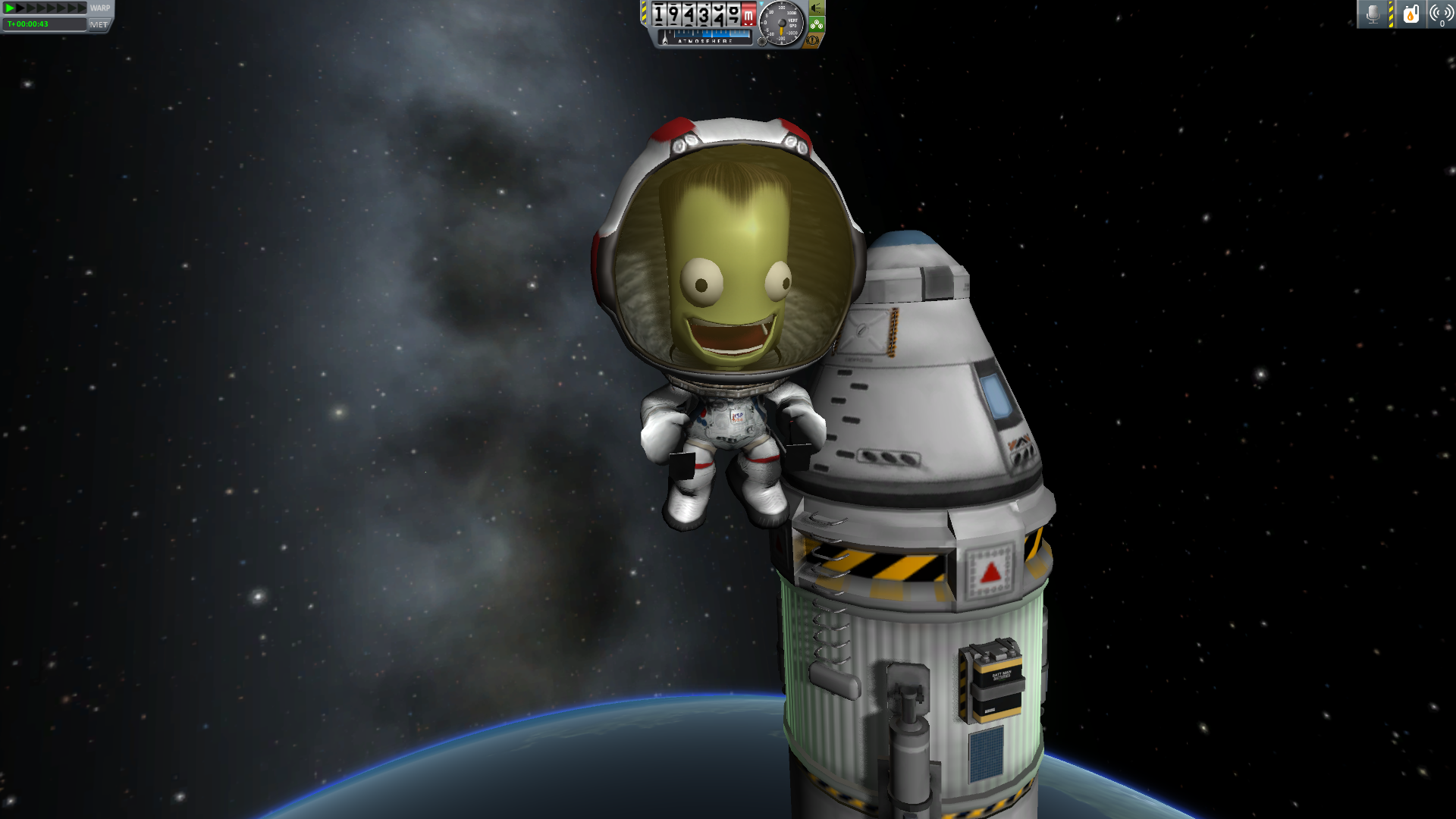 A Kerbal floating in space in Kerbal Space Program.