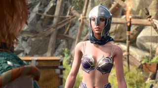 Shadowheart in her underwear, but wearing a metal helmet, in Baldur's Gate 3.