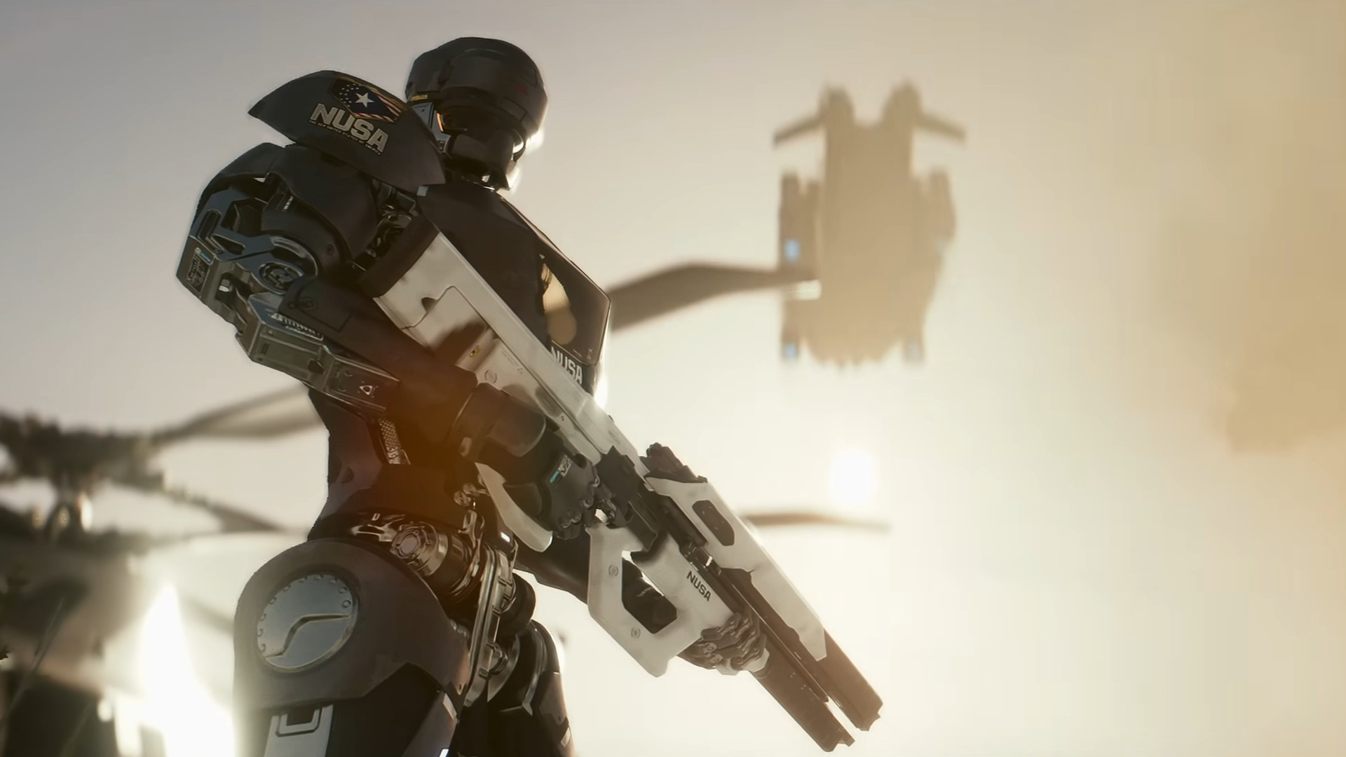 An armerd robot holding a gun during a scene in the RPG Cyberpunk 2077: Phantom Liberty