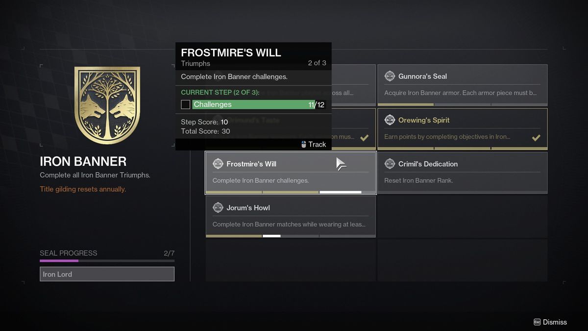 Destiny 2 Frostmire's Will triumph in menu