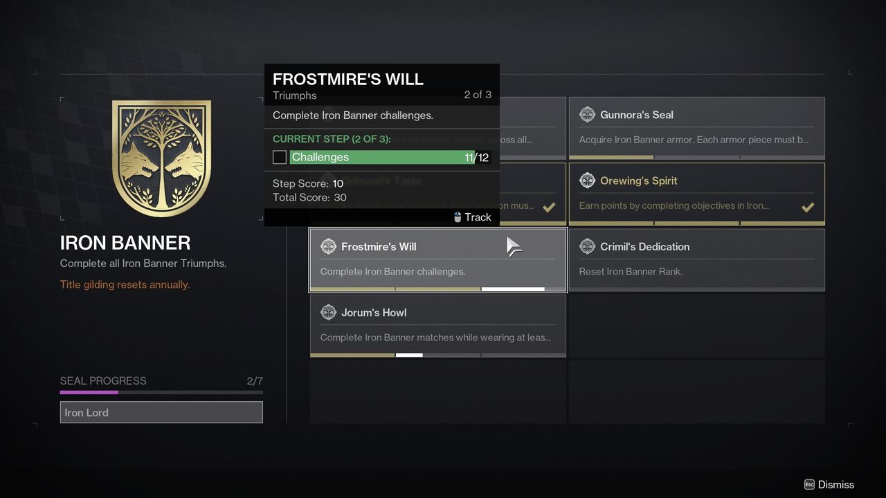 Destiny 2 Frostmire's Will triumph in menu
