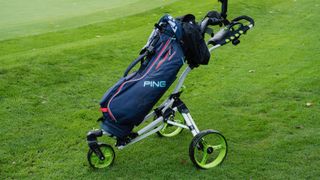 Caddymatic 360˚ Swivelease push trolley resting on the fairway