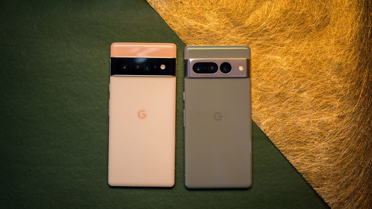 Google Pixel 7 Pro next to Pixel 6 Pro against green background