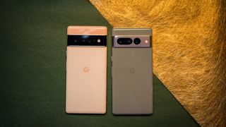 Google Pixel 7 Pro next to Pixel 6 Pro against green background