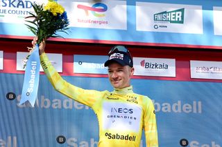 LABASTIDA SPAIN APRIL 03 Ethan Hayter of United Kingdom and Team INEOS Grenadiers celebrates at podium as yellow leader jersey winner during the 2nd Itzulia Basque Country Stage 1 a 1654km stage from VitoriaGasteiz to Labastida 527m Itzulia2023 on April 03 2023 in Labastida Spain Photo by David RamosGetty Images