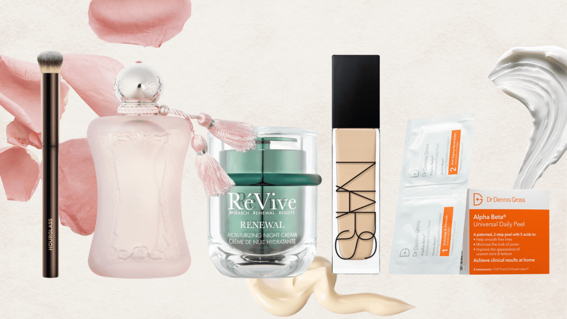 A collage of our beauty team's go-to premium beauty buys stocked at SpaceNK including an Hourglass Concealer brush, Parfums de Marly perfume, ReVive face cream, NARS foundation and Dr Dennis Gross peel pads, on a cream background with rose petals and face cream swatches.