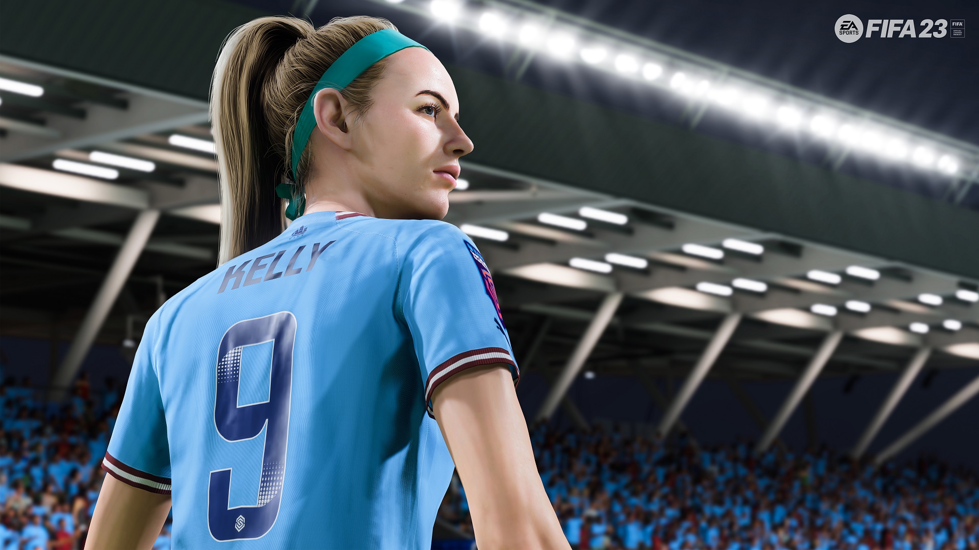 Screenshot of soccer player Chloe Kelly in FIFA 23 on the pitch looking over to her rightback over her right