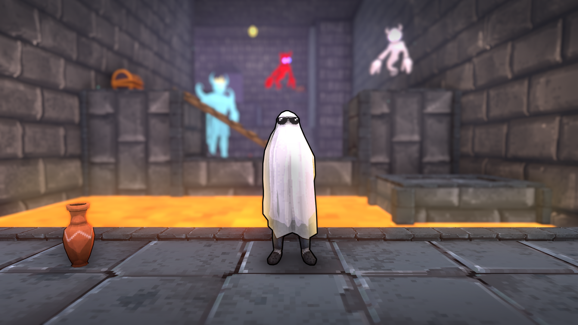 A screenshot shows Megabonk's new bedsheet ghost character standing in front of a pit of lava