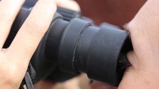 Image shows a person holding the Canon 10x42L IS WP binoculars to their eyes.