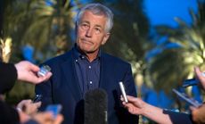 Secretary of Defense Chuck Hagel responds to questions about Syria's chemical weapons on April 25.