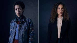 A 2 split image of Jasmin Savoy as teen Taissa and Tawny Cypress as adult Taissa, in 'Yellowjackets.'