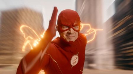 Grant Gustin's Barry Allen running through Central City as The Flash in the series' final scene