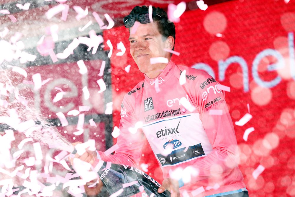 Luxembourg's Bob Jungels (Etixx - QuickStep) celebrates the pink jersey on the podium of the 10th stage of 99th Giro d'Italia