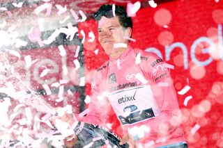 Luxembourg's Bob Jungels (Etixx - QuickStep) celebrates the pink jersey on the podium of the 10th stage of 99th Giro d'Italia