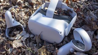 A Meta Quest 2 headset and controllers in a pile of leaves