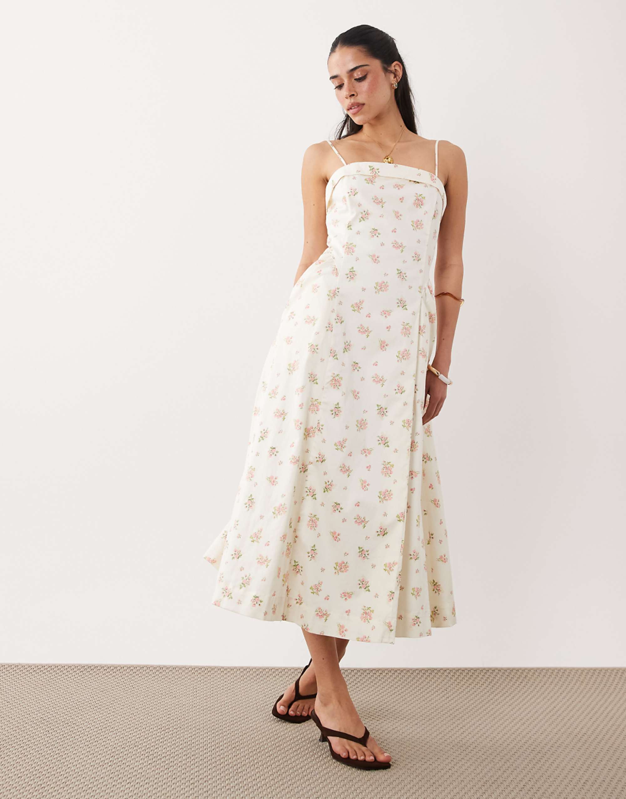 Mango Cotton Rich Square Neck Strappy Maxi Dress in Cream Floral Print
