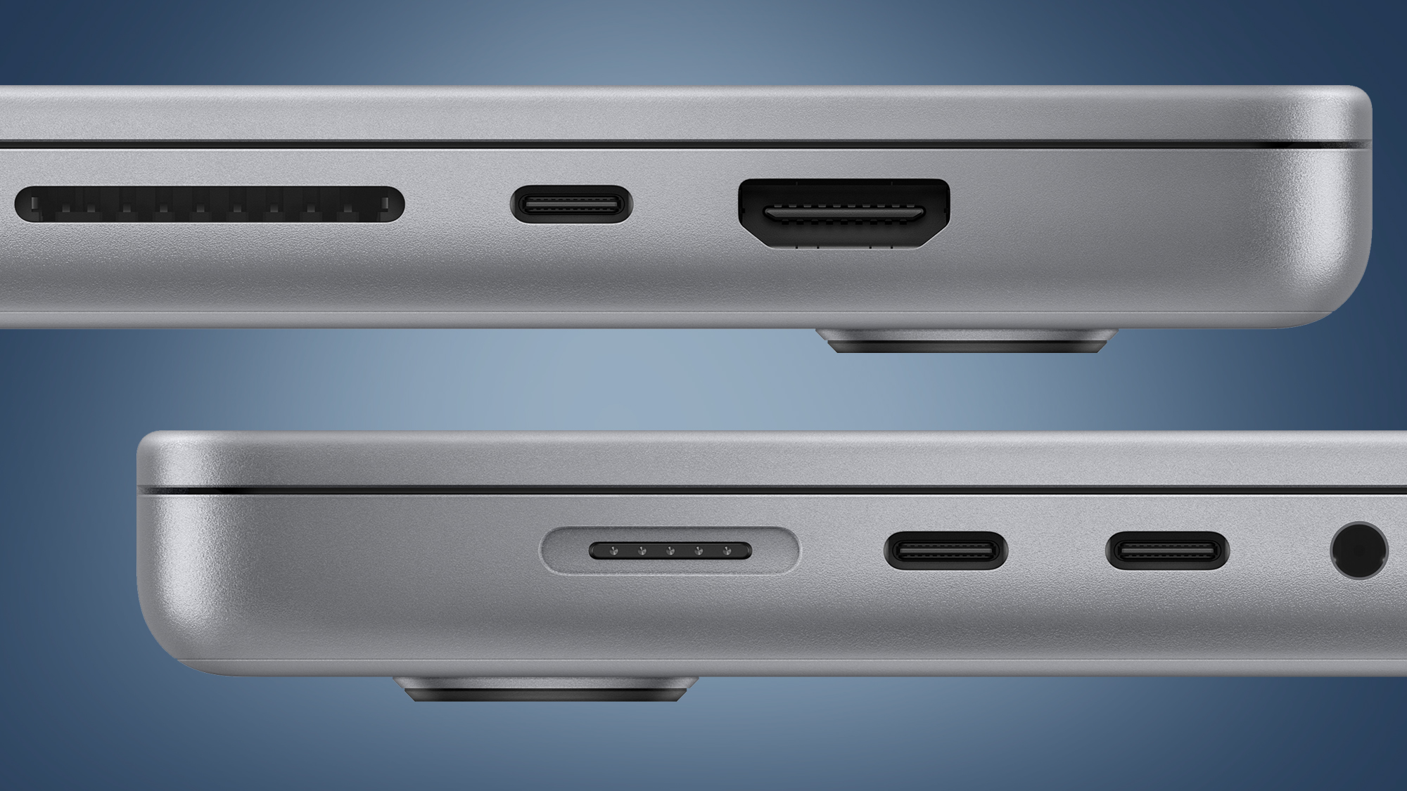 The sides of the Apple MacBook Pro M2 laptop on a blue background