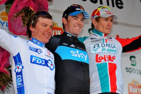 2011 Kuurne-Brussel-Kuurne podium (l-r): Yauheni Hutarovich (FDJ), 2nd; Chris Sutton (Sky), 1st; Andr&eacute; Greipel (Omega Pharma-Lotto), 3rd