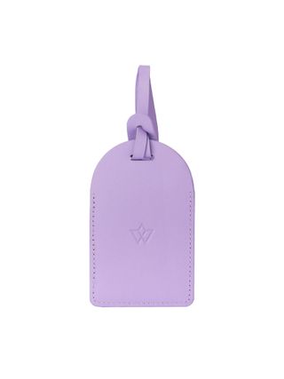 A lavender leather luggage tag.