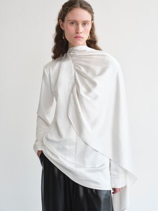 Koa Scarf Collar Satin Blouse, White