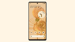 Mobile phone screen with flower picture, on a cream background