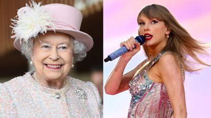 A photo of Queen Elizabeth smiling and wearing a pink hat and coat next to a photo of Taylor Swift singing into a mic in front of a pink background and tossing her hair while wearing a sequin pink leotard