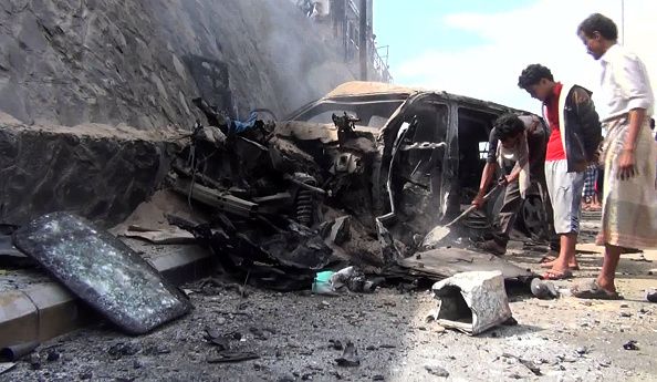 The wrecked car of Aden Governor Jaafar Mohammed Saad