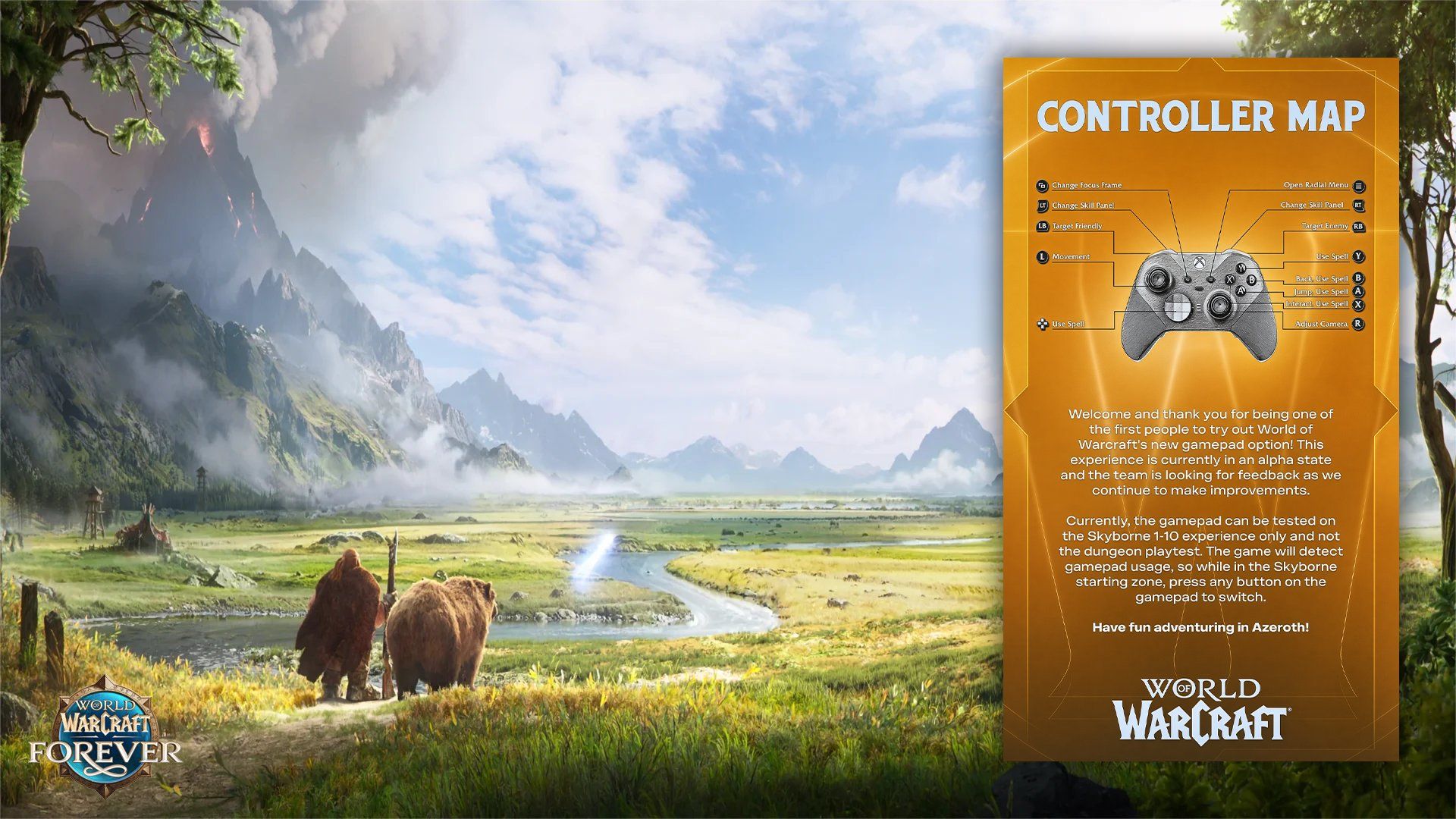 A fantasy World of Warcraft landscape shows two bears beside a winding river, misty mountains, and an orange controller-map guide overlay.