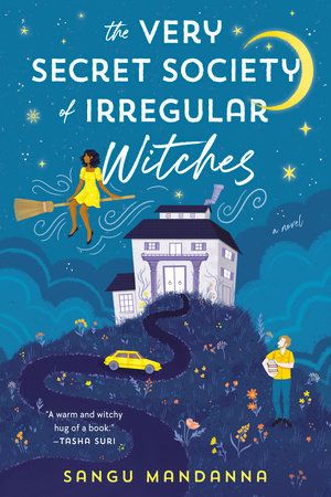 the very secret society of irregular witches book cover with a witch on a broom over a house and a man on the ground looking up