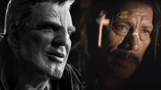 Mickey Rourke smiles in Sin City: A Dame To Kill For and Danny Trejo sits in confession in Machete, pictured side by side.